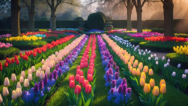 Beautiful flower garden in spring with a focus on ornamental bulb flowers. Landscape design includes flowerbeds of hyacinths, tulips, and daffodils arranged in a pristine lawn.