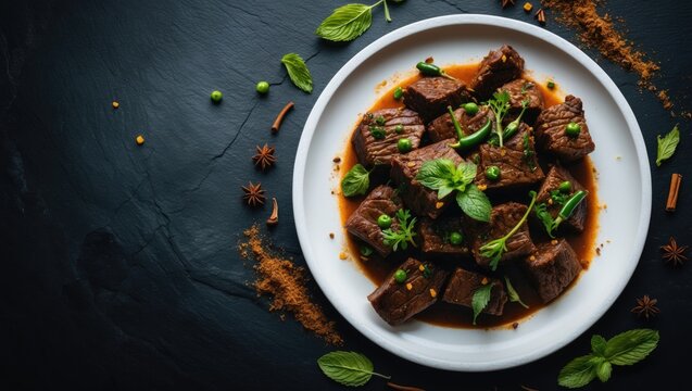 Delicious Beef Dry Fry on a white plate, pairs well with ghee rice, kappa, appam, parotta, puttu, bread, and chappathi, a savory beef roast cuisine