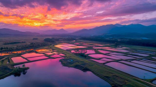 【AI動画】夕焼け空が映り込む水田地帯、山並みと反射光が作る農村風景