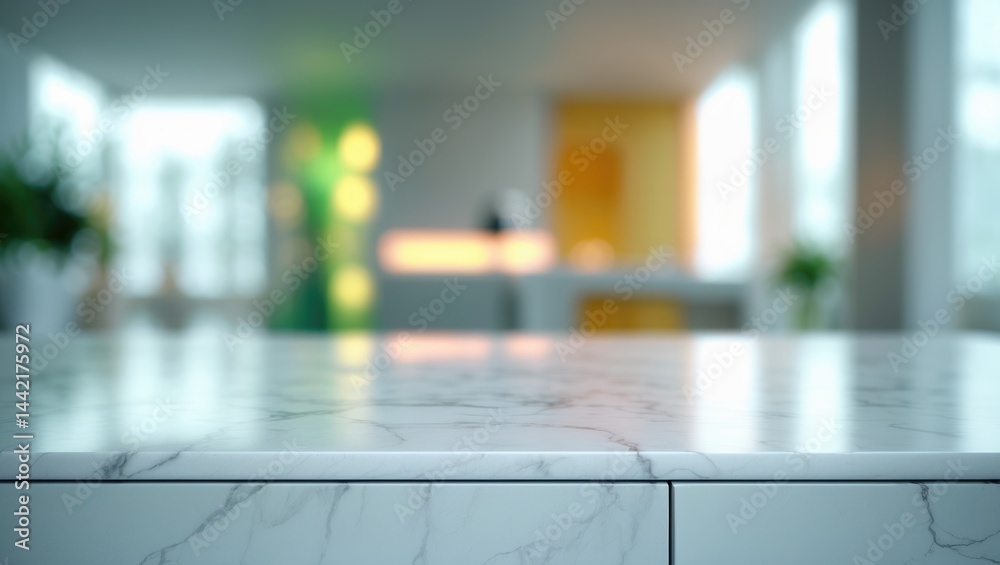 Leinwandbilder blurred abstract backdrop from an interior building with a white stone marble table top banner - can