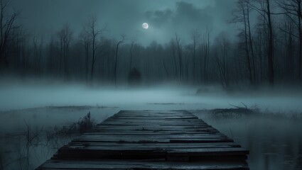 Weathered wooden pier on the lake with a moonlit, foggy, frightening forest backdrop