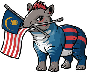 Malaysian Pride Cartoon Hippo Holding Malaysia Flag