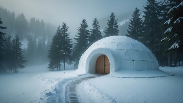 Genuine snow igloo home in the winter mountain landscape, featuring snow-covered firs and a foggy forest of snowy trees