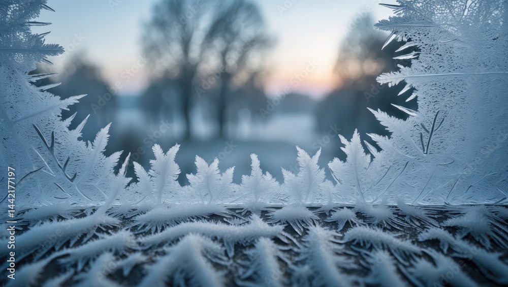 Poster chilled window embellished with intricate frost motifs and a blurred landscape beyond.