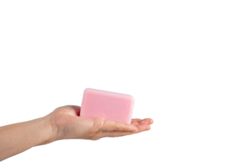 Pink soap in hand on transparent background