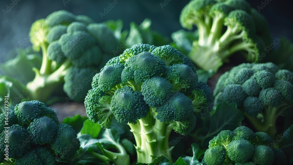 Poster detailed view of green broccoli florets emphasizing their fresh appearance and intricate textures