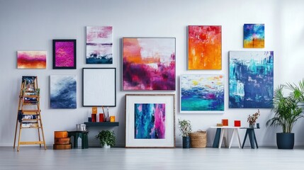 Modern art gallery interior, colorful paintings (2)