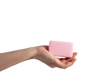 Pink soap in hand on transparent background