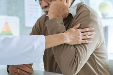 Doctor and senior patient in emotional health care counseling after diagnosis in hospital support setting