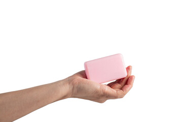 Pink soap in hand on transparent background
