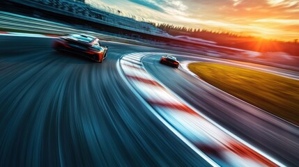 Racing cars on a track at sunset