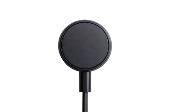 Sleek black wireless charger close up shot minimalist design charging technology clean white