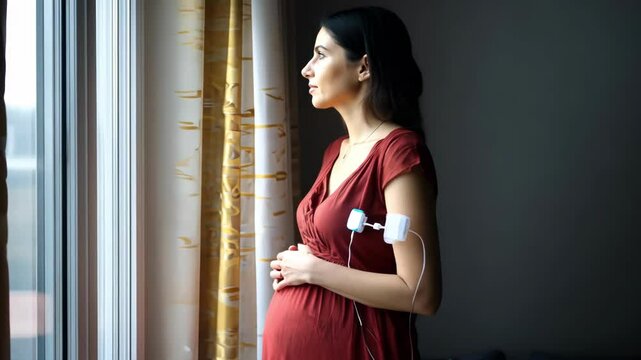 Pregnant woman wearing a continuous glucose monitoring device on arm.
