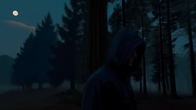 Hooded man criminal burglar out at night in a full moon
