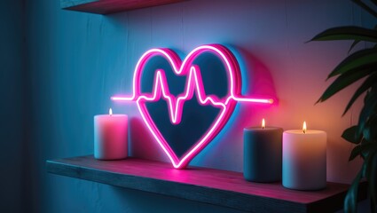 Decorative heart neon sign in pink and blue for home. Chic style. Neon display. Home aesthetics. Up-to-date trendy setting.