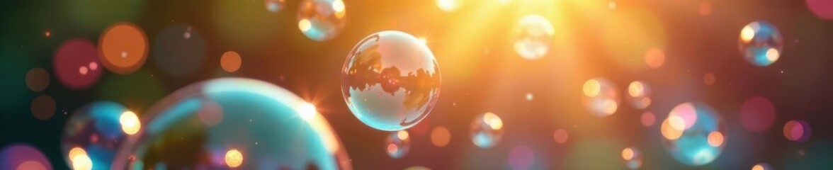 Sunlight illuminates iridescent soap bubbles floating in air , carefree, sparkle