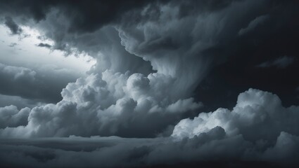 Overcast black clouds in a rainy sky. Heavy rainfall and thunderstorm present. Cloud formations suggesting tornado or thunderstorm and rain. Stormy dark clouds with thunder and lightning.