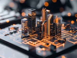 Futuristic city model on circuit board