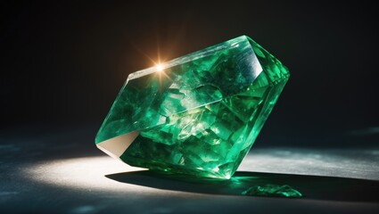 Isolated black background featuring a lustrous raw emerald