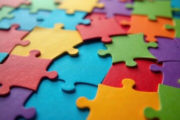 Fototapeta premium Team building jigsaw puzzle activity Close-up of colorful puzzle pieces , problem solving, team building