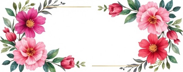 Fototapeta premium Two watercolor flower wedding invites, vibrant blooms, gold accents, duo, cards