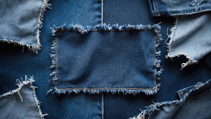 Naklejka premium Denim blue jeans cloth structure. Ripped denim textile. Ruined torn denim patches backdrop. Upcycle old jeans remnants. Various fabric pieces.