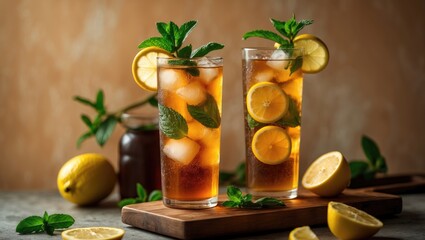 Fototapeta premium Iced Tea with Lemon Refreshing Against a Background