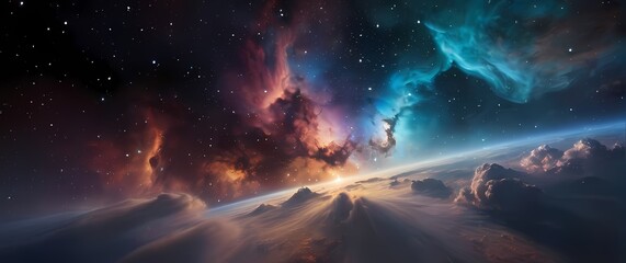 Fototapeta premium Vibrant nebula clouds with tiny twinkling stars scattered on a vast cosmic canvas