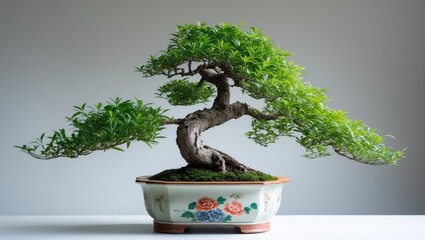 On a white background, an old bonsai tree in a pot with a crafted stem highlights the beauty of artisan art.