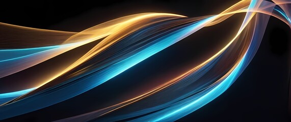 Vibrant digital abstract art with flowing metallic ribbons and gently glowing particle effects