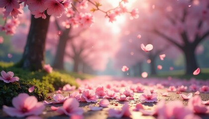 Fototapeta premium Scattered sakura petals, soft focus, gentle breeze effect , soft background, gentle