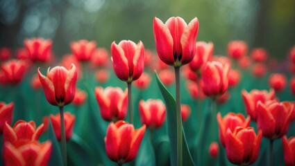 Obraz premium Fresh red tulips in full bloom with a lush green backdrop, showcasing floral beauty and seasonal blossom