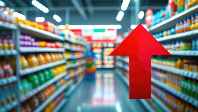 Vermilion downward-pointing arrow on an abstract blurred background. Bar charts and graphs. Rising food expenses. Inflation concept. Retail market. Market conditions. Sales drop. Recession indicators.