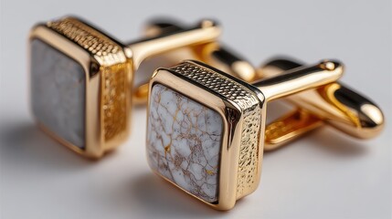 a pair of elegant cufflinks on a white isolated background, shiny and refined detail