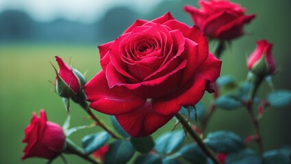 Fototapeta premium Recently blooming roses are strikingly red and charming