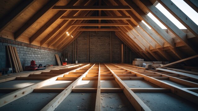 Incomplete new attic under development with roofing truss and beams.