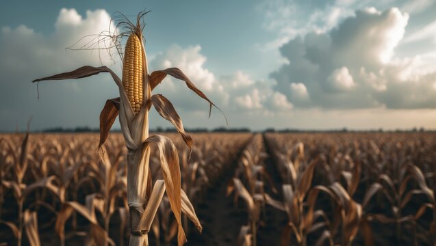 A parched sweet corn stalk with golden brown silk dangles listlessly beneath a cloudy sky. The curling leaves indicate the impact of drought after the harvest.