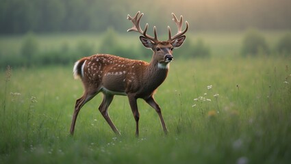 Obraz premium Wildlife scene of a male roe deer with orange fur on a sunlit grassy meadow.