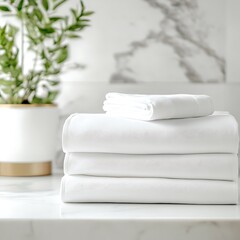 Fresh White Bedding Sheets on Bathroom Table isolated on white background