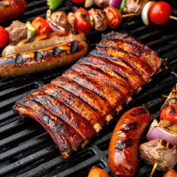 Barbecue feast with grilled meats and vegetables on a hot grill during summer gathering
