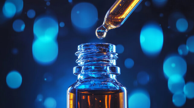 Amber serum dropping into glass bottle, blue bokeh background