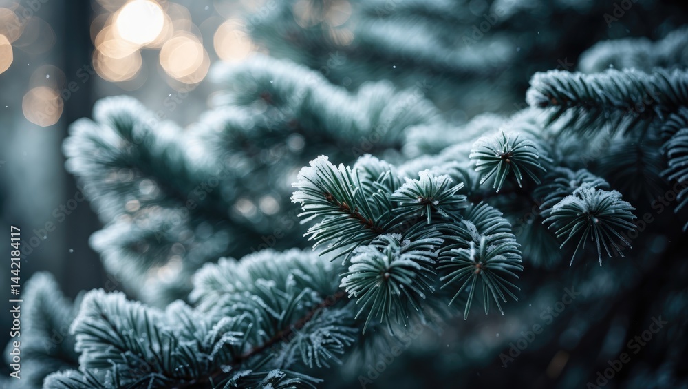 Poster pine branches enveloped in frost, natural winter setting with a dark background, detailed view of sn