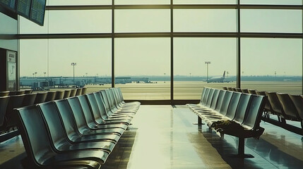 Airport waiting area: rows of empty seats facing large windows overlooking the tarmac and a distant airplane
