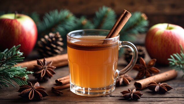 Classic hot apple cider infused with cinnamon and anise. Organic warm spice drink made at home. Adorned on an antique wood background.