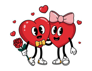 Cute cartoon hearts couple holding rose and smiling on white background, vector retro illustration