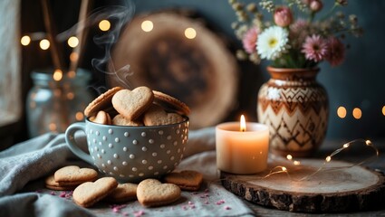 Cinnamon cookie bowl, candles glowing, and a vase of flowers on the table. Background features out-of-focus fairy lights.