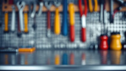 Interior of a craft workshop, blurred, featuring an empty tabletop for product display.