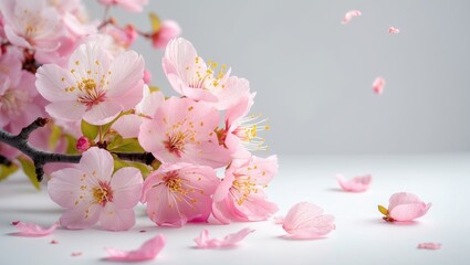 Natural pink cherry blossoms with petals on a pristine white background, springtime photography