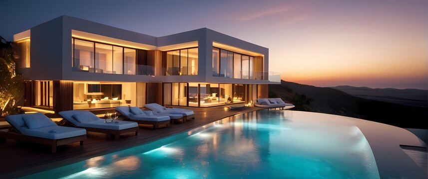 Sunset illumination on luxurious villas with infinity swimming pools
