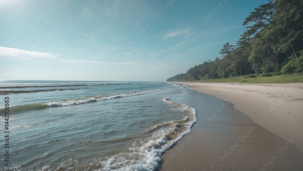 Poster a river merges with the ocean, causing gentle waves to lap the beach, which stretches across the hor
